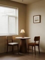 Fototapeta premium Minimalist corner dining area with round table, two chairs, and window with blinds