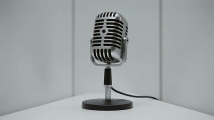 Vintage-style microphone on a stand against a neutral background