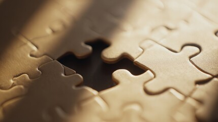 Close up of an unfinished jigsaw puzzle with the last piece hovering above the gap in soft light