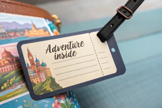 Colorful luggage tag with the words Adventure Inside, featuring iconic landmarks and a stylish leather strap on a vibrant travel bag