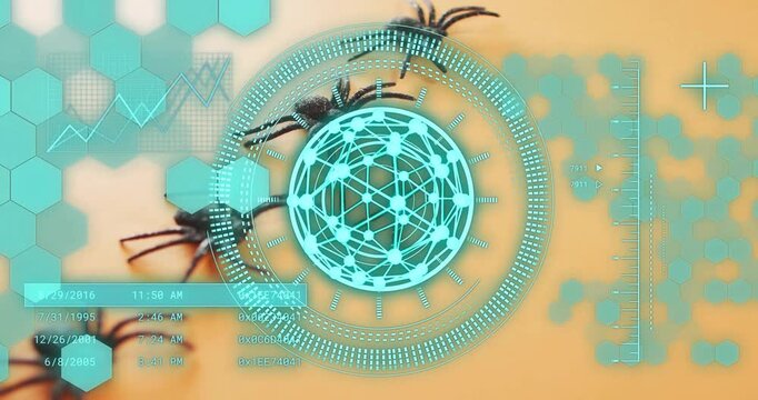 Tarantula entering frame initiating scan, hex grid sliding, timestamps updating, analyzing movement