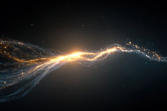 Abstract golden energy stream with sparkling particles and blue tendrils on dark