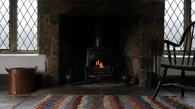 British Cottage Fireplace with Rustic Charm and Warmth, A Cozy Fireplace in a Traditional British Cottage with Stone Surround
