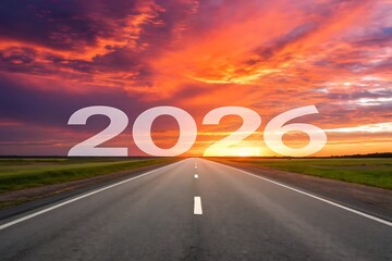 Asphalt Road to 2026: Vibrant Sunset, Hopeful New Year Concept