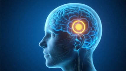 Fototapeta premium Human brain with highlighted neural activity in the temporal lobe, shown in side profile with glowing blue and yellow elements