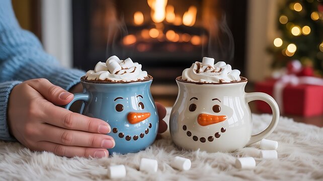 a person holding a warm mug of hot coffee with marshmallows, concept of a family holiday, happy Christmas Eve, created with generative ai