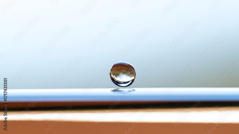 Wall mural macro shot of a teardrop shaped water droplet on a smooth surface with soft reflections