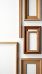 Assortment of wooden picture frames, isolated, close-up, white backdrop, photo, design