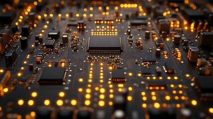 Close-up of a circuit board with illuminated components
