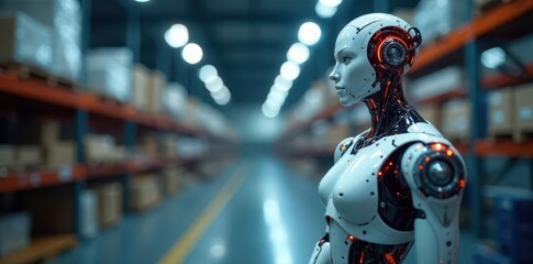 Automated robotic system in futuristic warehouse, product, package, smart