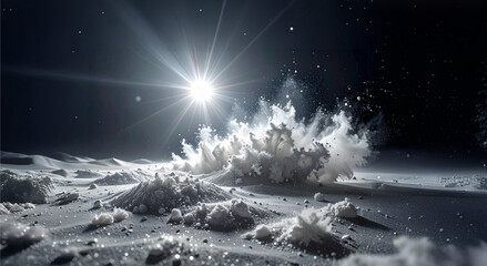 A powerful solar flare erupts over a desolate, ice-covered planet, sending shimmering light and frozen debris across the stark, alien landscape.