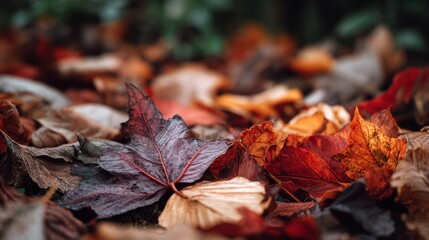 Autumn leaves litter the ground in a variety of shades of red, brown, and orange