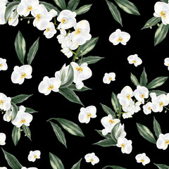 Beautiful seamless pattern with white flowers and green leaves of orchid.