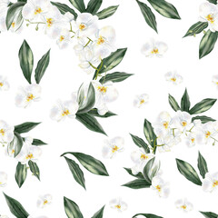 Beautiful seamless pattern with white flowers and green leaves of orchid.