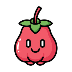 Cartoon style red fruit with green leaves and a smiling face.