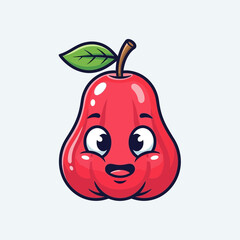 Obraz premium Cartoon red pear with a happy face and green leaf on a light background.