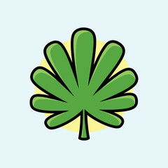 Cartoon style green cannabis leaf illustration on light blue background.