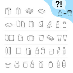 Icon sheet food packaging type for sorting. Icons are made with high contrast, well suited to different scales. Ready for use in your design. EPS10.	