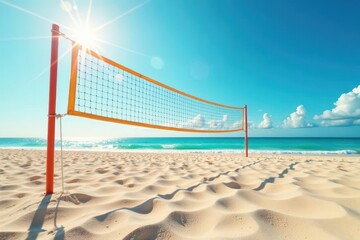 Beach volleyball net, sun-drenched sand court, action, beach, excitement