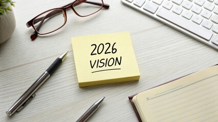 Concept of Future Planning and Clarity for 2026 with Stationery Items such as a Sticky Note, Pen, and Glasses on a Desktop Surface