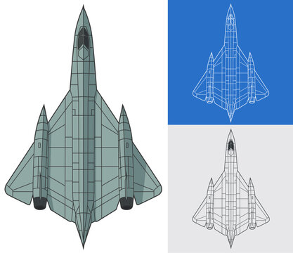 Set SR-71 blackbird military aircraft design in colored, lineart and blueprint style from top view. Vector illustrations colorful fighter jet. Outline drawing united states modern combat aeroplane.