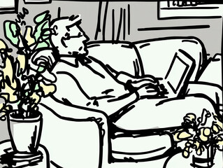 A person working on their laptop in the comfort of their home