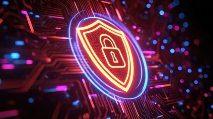 Digital Security Concept with Shield Icon and Circuit Background in Vibrant Neon Colors