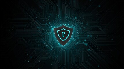 Digital Security Shield Icon on Futuristic Background with Circuit Patterns and Glowing Elements