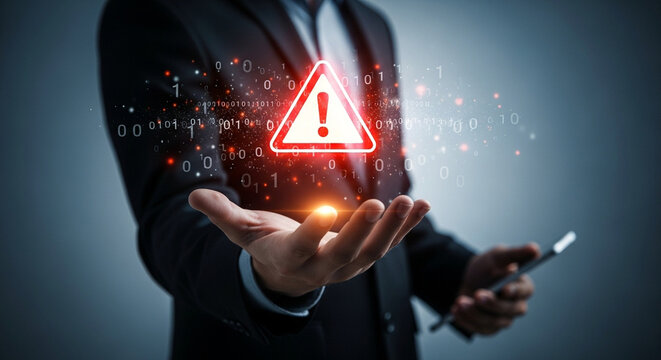 Businessman holding digital warning sign with binary code and data streams alert danger - Powered by Adobe