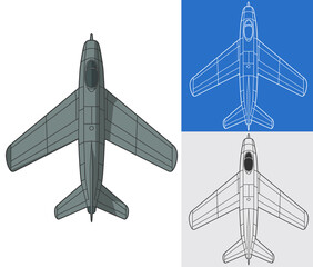 Set MIG-15 military aircraft design in colored, lineart and blueprint style from top view. Vector illustrations colorful fighter jet. Outline drawing russia vintage combat aeroplane.