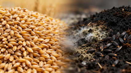 Obraz premium Golden wheat grains contrast with dark soil and scattered seeds in a close-up agricultural scene.