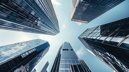 Fototapeta premium Low Angle View of Modern Glass Skyscrapers, Reflective Facades, Urban Architecture, Corporate Business, Financial District, City Skyline, Blue Sky with Clouds, Sleek High - Rise Buildings