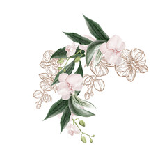Wedding invitation wreath with pink orchid flowers leaves.