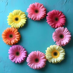 Circle of colorful flowers on teal background