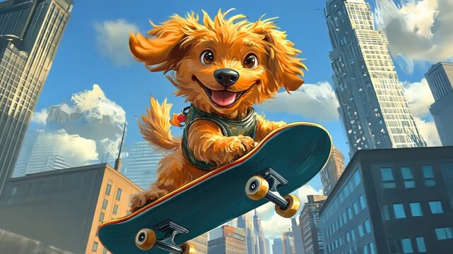Dog skateboarding in a city