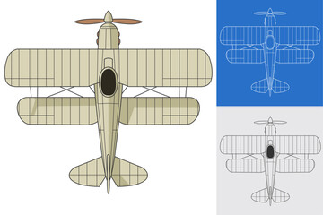 Set sopwith camel military aircraft design in colored, lineart and blueprint style from top view. Vector illustrations colorful fighter jet. Outline drawing united kingdom vintage combat aeroplane.