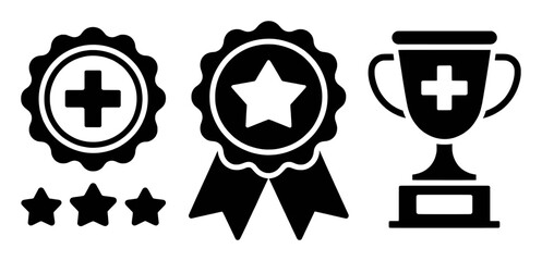 Medical Achievement Icons: Trophy, Ribbons, Stars, and Cross Symbols