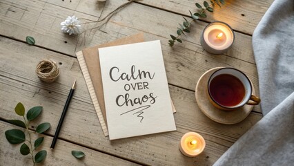 Tranquil workspace with calming note, steaming tea, natural decorations, and relaxation ambiance for stress relief and mindfulness