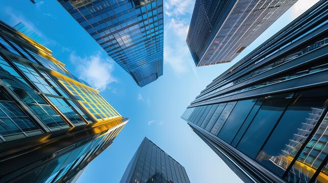 Low Angle View of Modern Glass Skyscrapers, Reflective Facades, Urban Architecture, Corporate Business, Financial District, City Skyline, Blue Sky with Clouds, Sleek High - Rise Buildings - Powered by Adobe