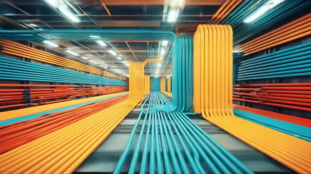 Industrial pipes, orange and teal, in a factory setting