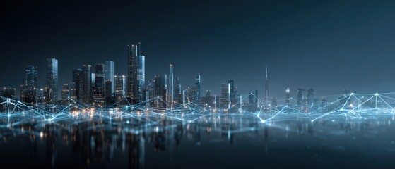 Obraz premium Cyber City Nightscape: A futuristic cityscape glows with interconnected networks, showcasing the technological advancements of a modern metropolis during the twilight hours.