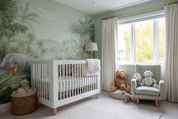 pastel green kids room with cartoon jungle theme