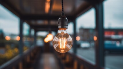 Close up of a vintage edison light bulb hanging from a wire with a blurred urban background and warm glowing light