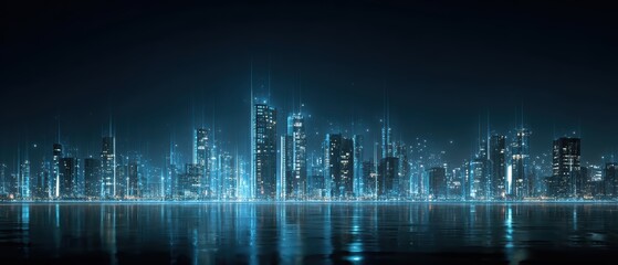 Obraz premium Technological Cityscape: A captivating panorama unfolds, showcasing a futuristic city silhouette against a night sky.