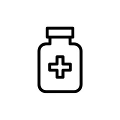Fototapeta premium Outline medicine bottle icon with cross symbol, black on white. Minimalist vector design representing healthcare, pharmacy, and medication. Perfect for apps, UI, infographics, and medical materials.