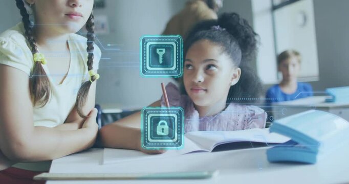 Braided girl glancing at friend, reading textbook and unlocking knowledge with key lock icons