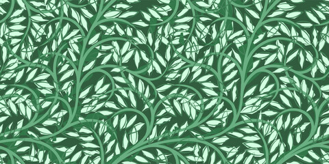 Abstract seamless pattern with plants in geen tones. Stock vector illustration for background, textile, or wrapping paper.