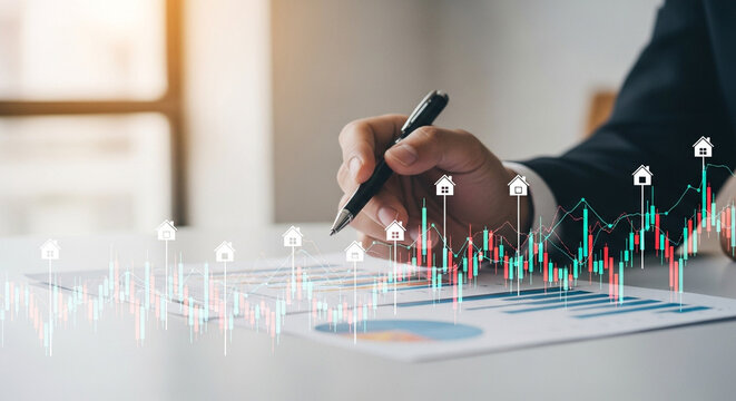 Real estate market analysis with financial charts and house icons housing market property
