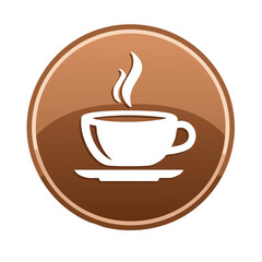 Steaming Hot Coffee Cup and Saucer Graphic in Round Brown Button Icon