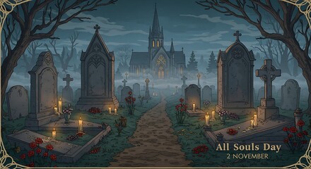 Pixel art graveyard with church in background commemorating all souls day on november 2nd in vintage style